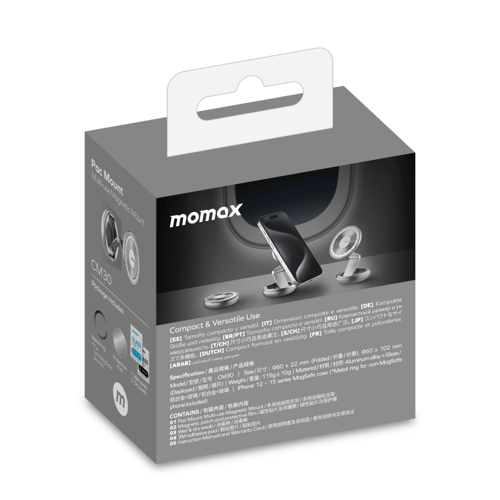 Momax product packaging with a clear background