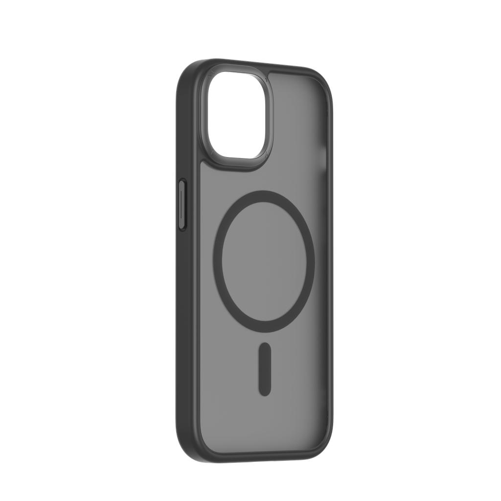 A black, transparent, magnetic case for the iPhone 15 Pro Max with a raised edge for lens protection.