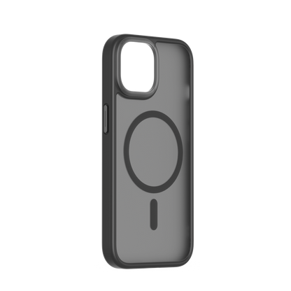 A black, transparent, magnetic case for the iPhone 15 Pro Max with a raised edge for lens protection.