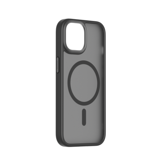 A black, transparent, magnetic case for the iPhone 15 Pro Max with a raised edge for lens protection.