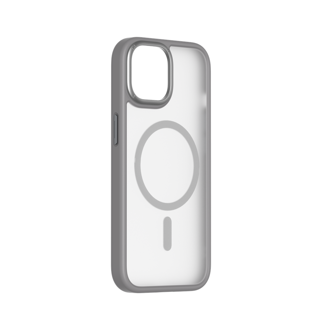 A gray, transparent magnetic case for iPhone 15 Pro Max with MagSafe compatibility.