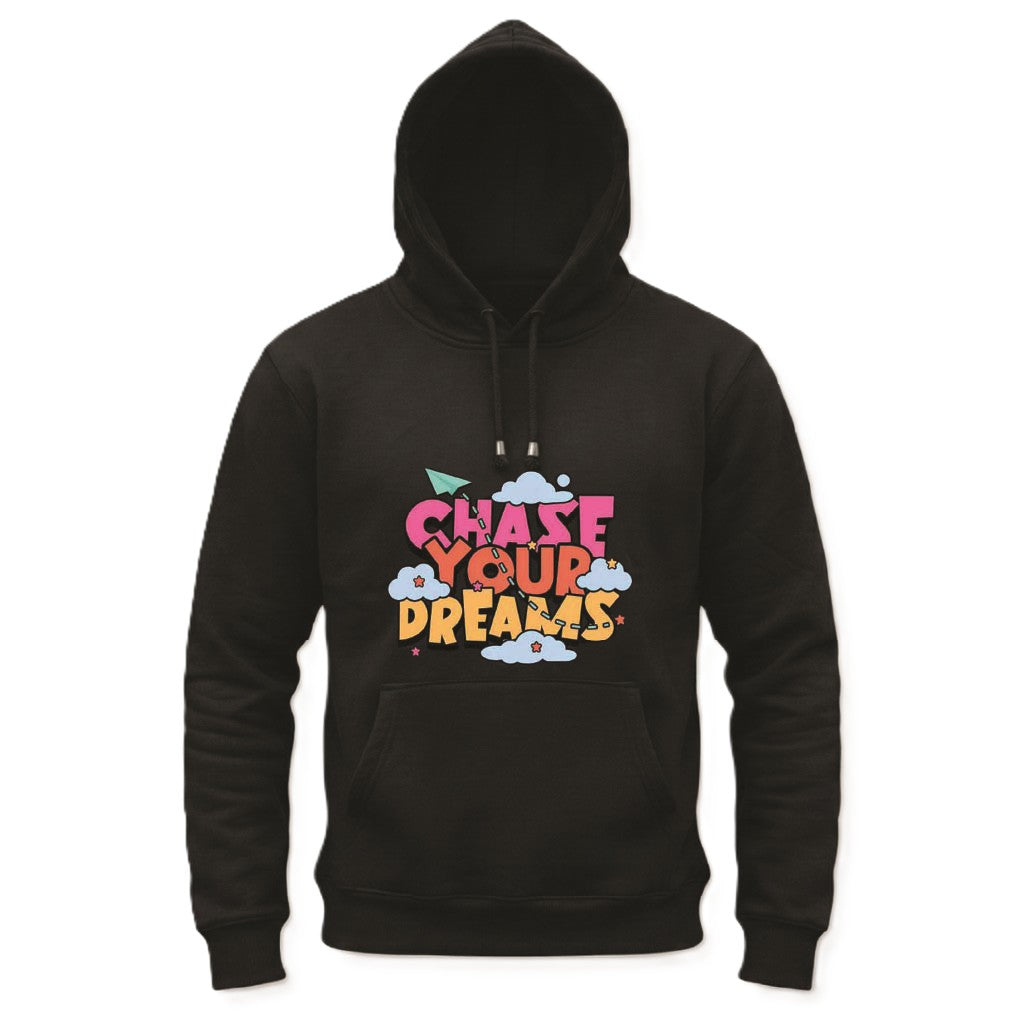 Black hoodie with 'Chase Your Dreams' text on a white background