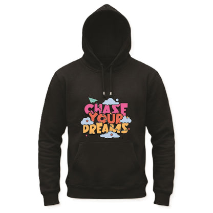 Black hoodie with 'Chase Your Dreams' text on a white background