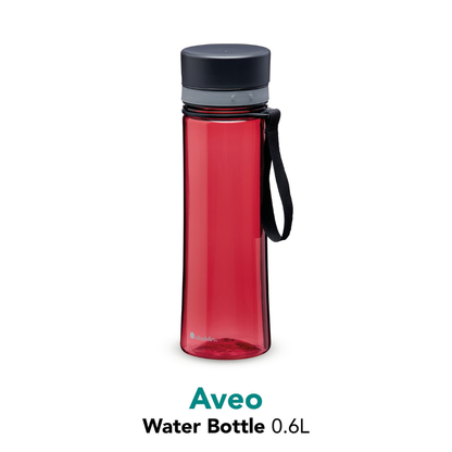Red water bottle with black lid and handle on a white background, featuring the Aveo brand.