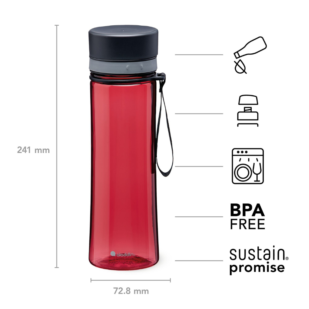 Red water bottle with black cap and measurement details on a white background