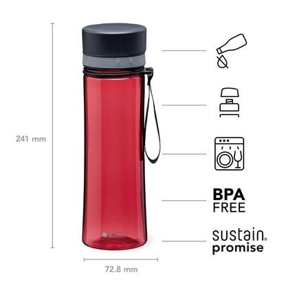 Red water bottle with black cap and measurement details on a white background