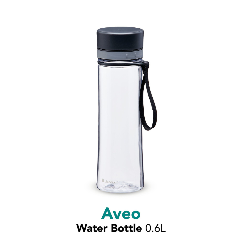 Clear water bottle with black lid and handle on a white background, featuring the Aveo brand.