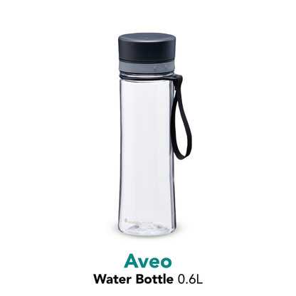 Clear water bottle with black lid and handle on a white background, featuring the Aveo brand.