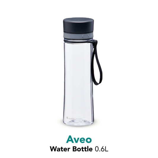 Clear water bottle with black lid and handle on a white background, featuring the Aveo brand.