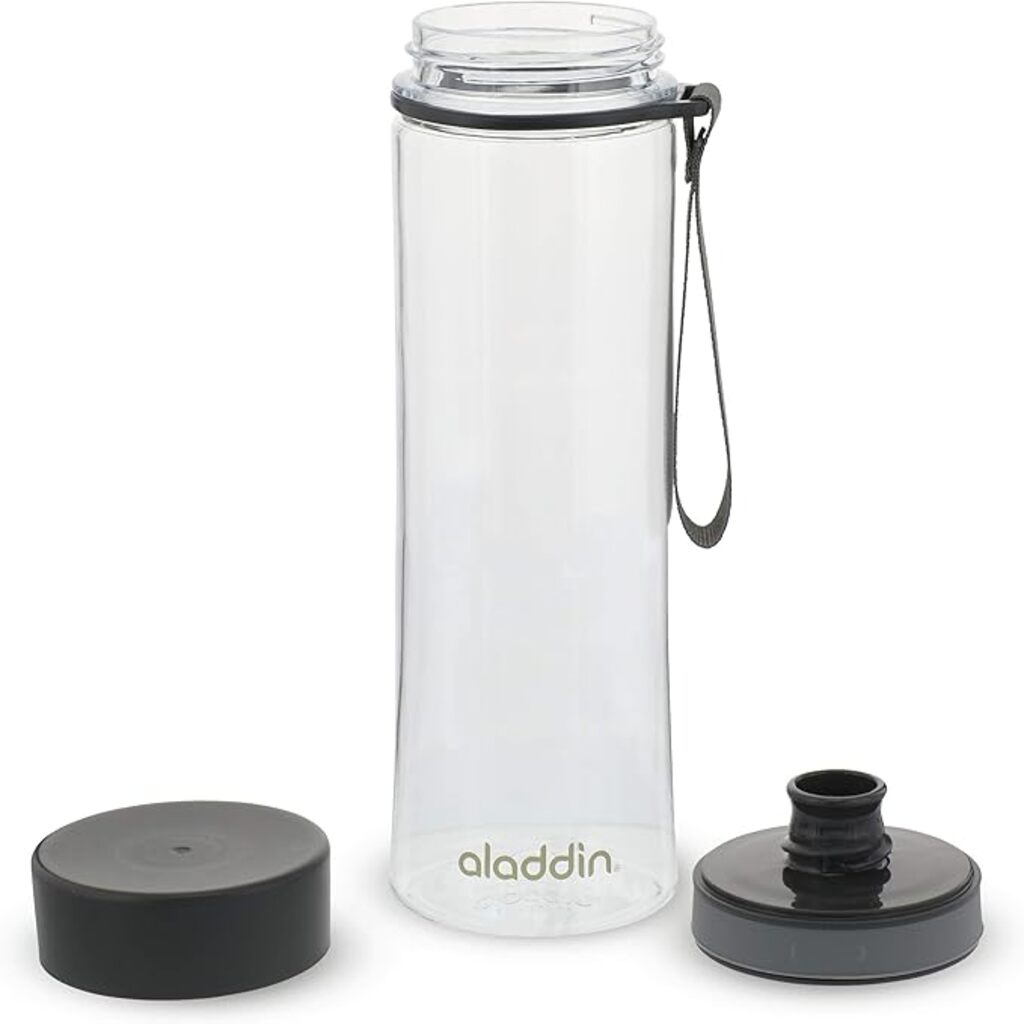 Clear water bottle with black cap and carrying strap on a white background, featuring the Aladdin brand.