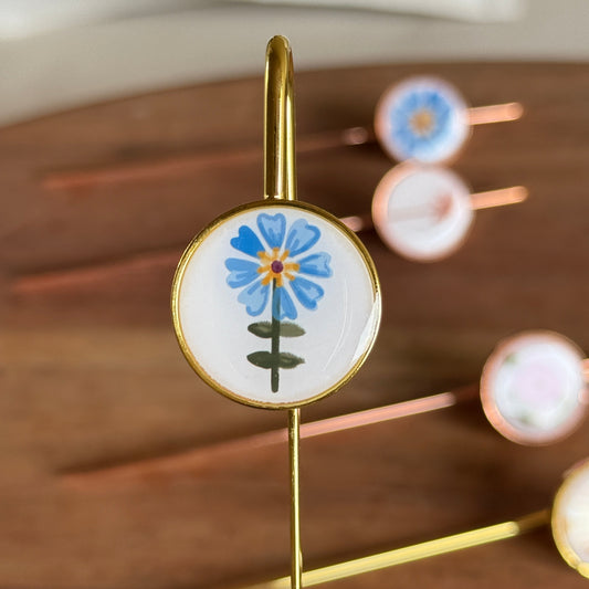 Cultural Metalic Bookmark Blue Flower with Stem