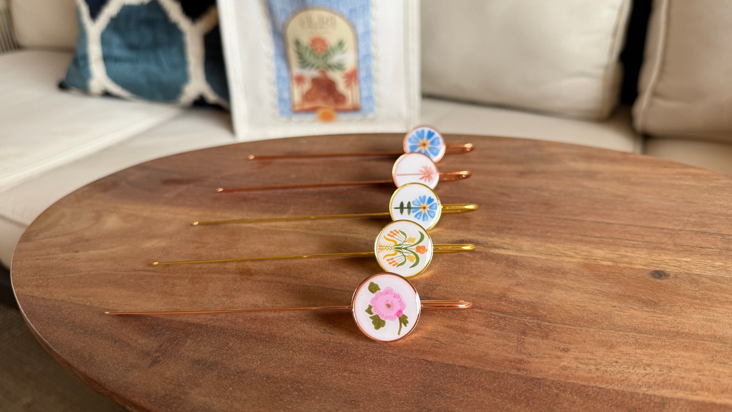 Cultural Metalic Bookmark Blue Flower with Stem