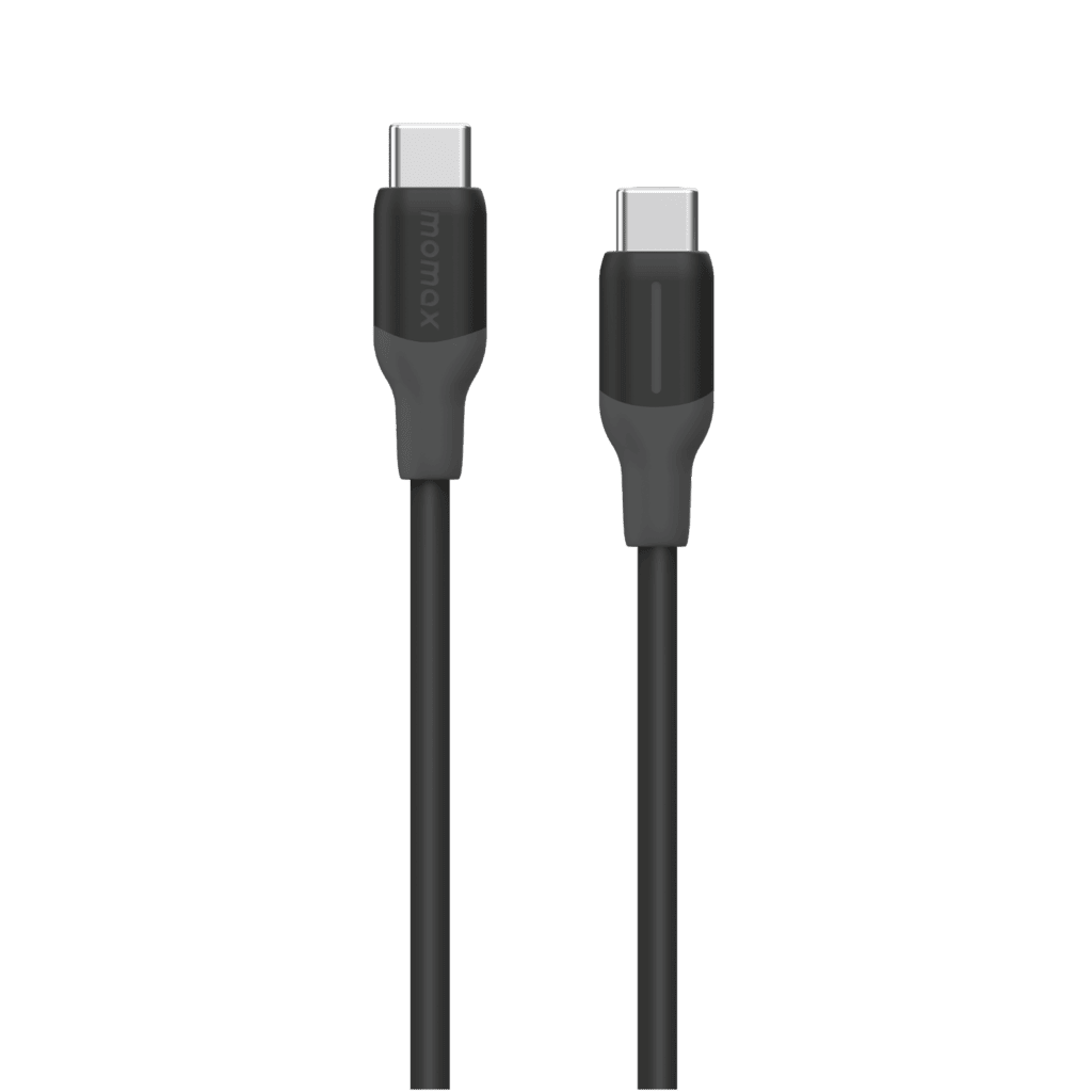 Black USB-C cable with connectors on a transparent background