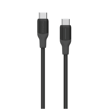 Black USB-C cable with connectors on a transparent background