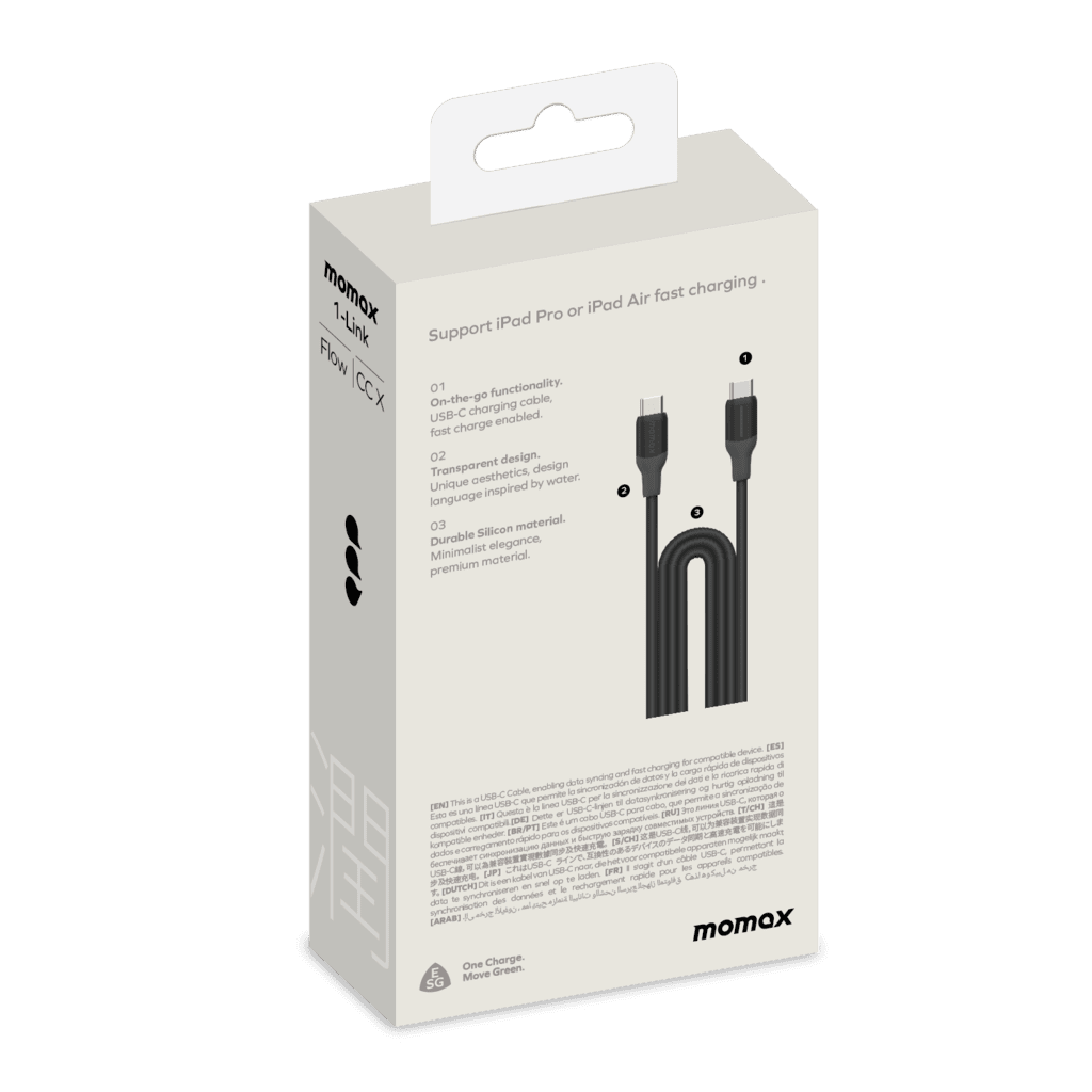 Momax charging cable packaging on a white background