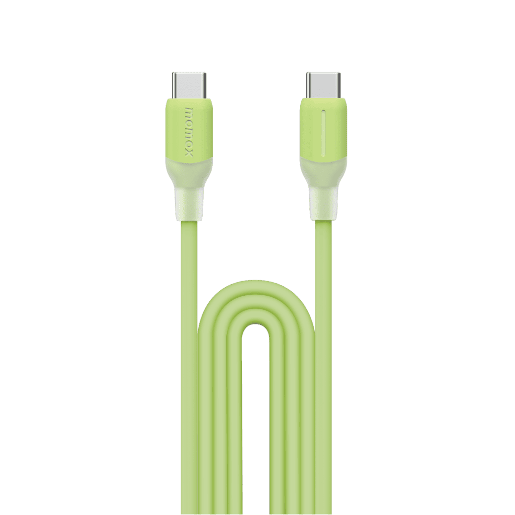 Green USB cable with metallic connectors on a green background