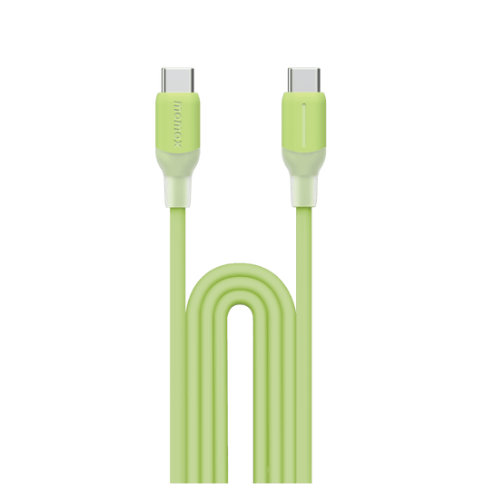 Green USB cable with metallic connectors on a green background