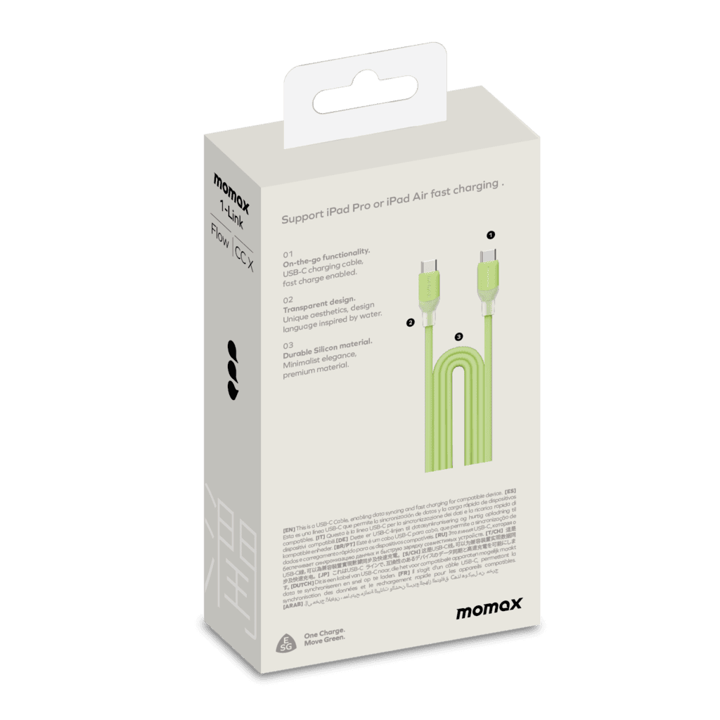 Momax charging cable packaging with green cable illustration on a white background