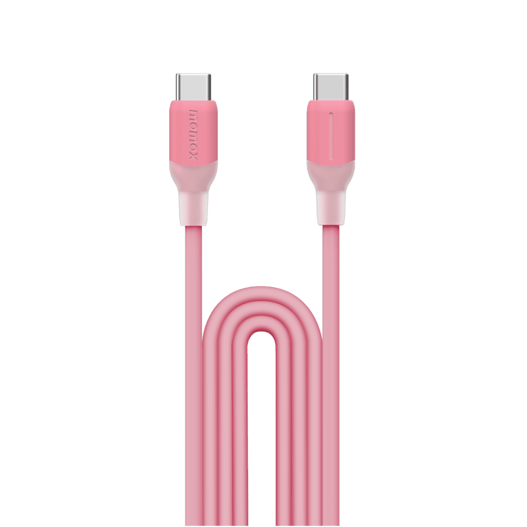 Pink charging cable with USB-C connectors on a transparent background
