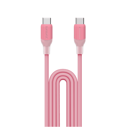 Pink charging cable with USB-C connectors on a transparent background