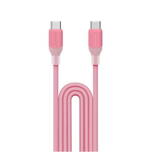 Pink charging cable with USB-C connectors on a transparent background