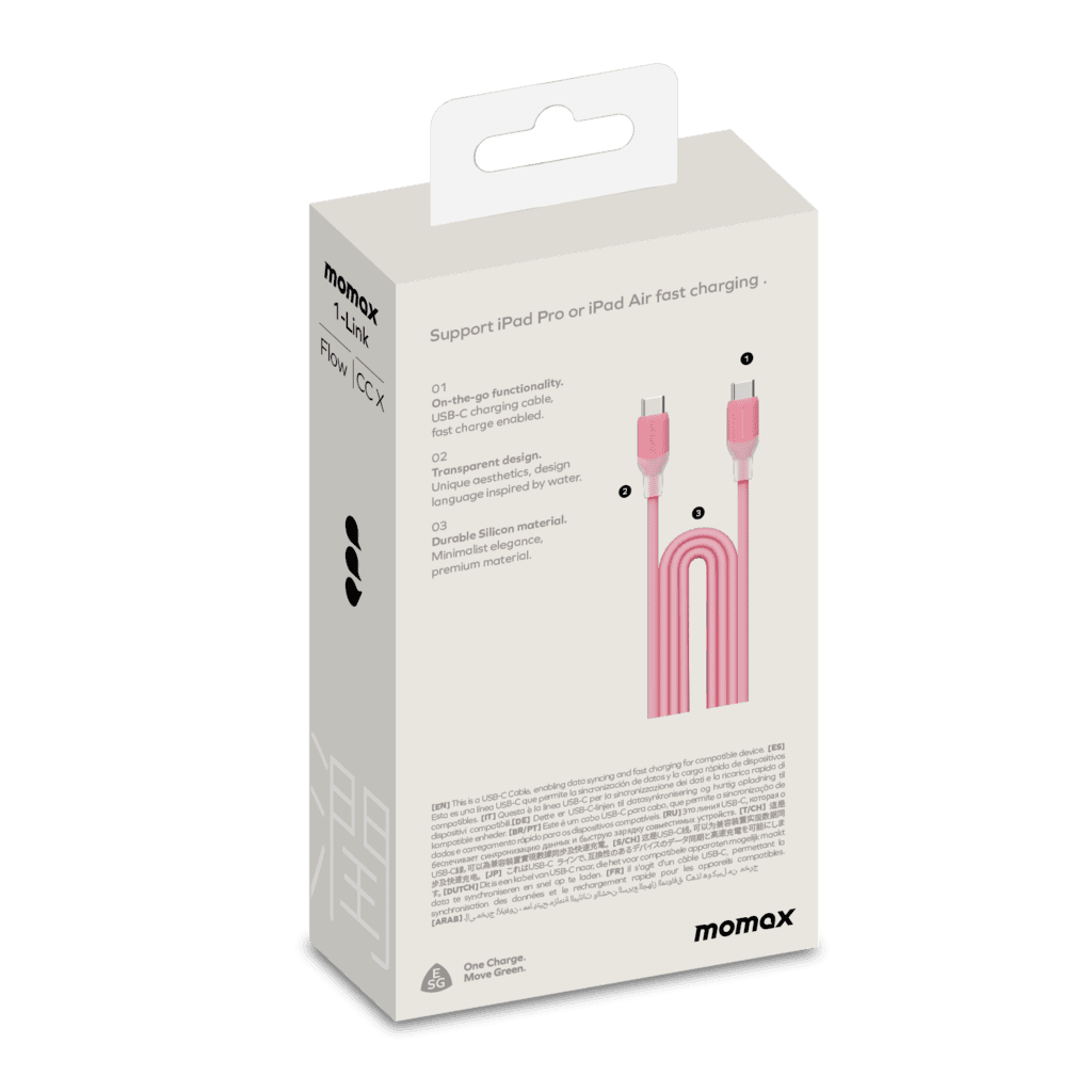 Momax charging cable packaging with pink cable illustration on a white background
