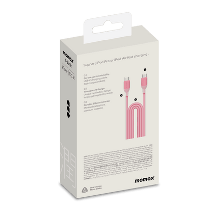 Momax charging cable packaging with pink cable illustration on a white background