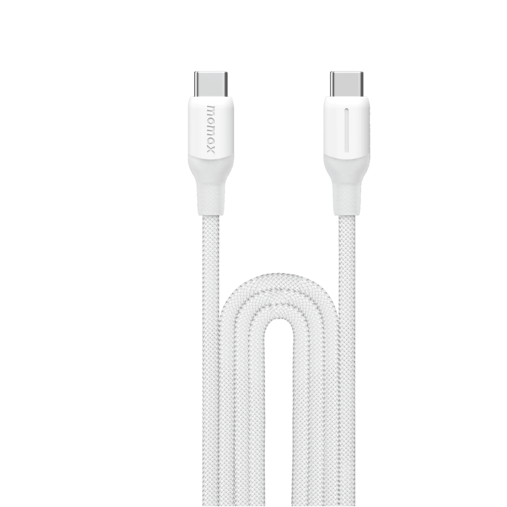 White charging cable with braided design on a transparent background