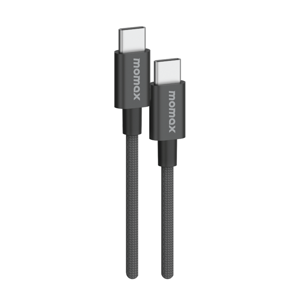 A black 60w USB-C to USB-C cable with triple braided nylon design and premium aluminum housing, displayed on a white background.