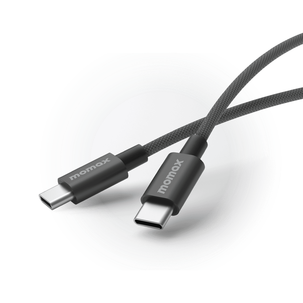 Two black USB-C cables on a white circular background with 'momax' branding.
