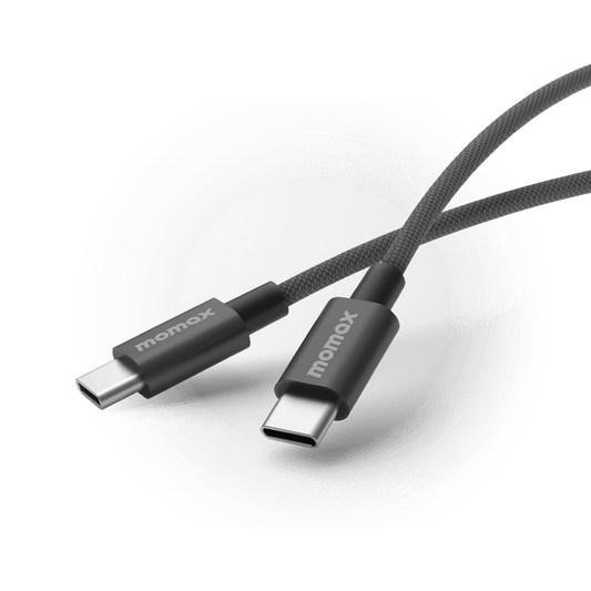 Two black USB-C cables on a white circular background with 'momax' branding.
