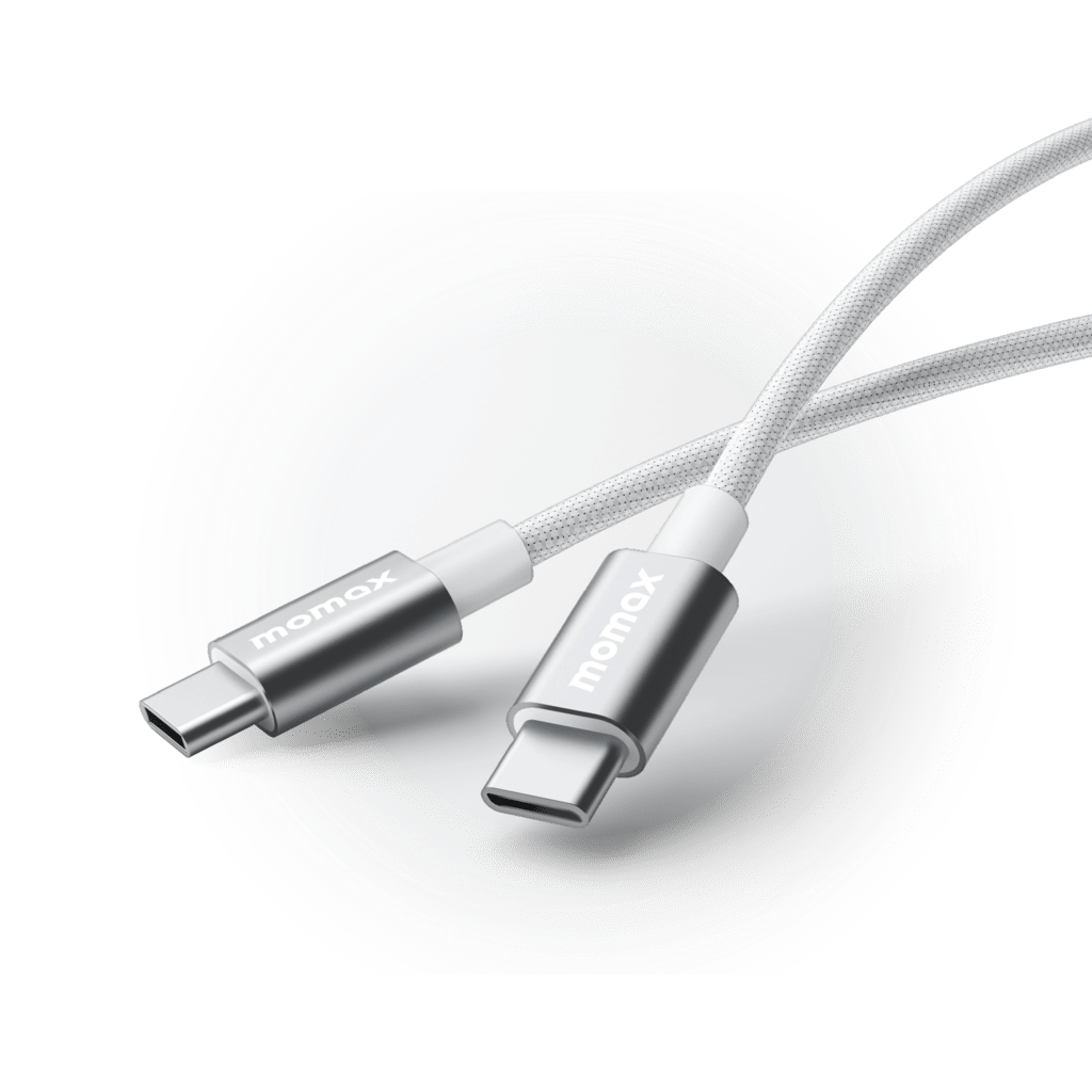 Two USB-C cables with 'memax' branding on a white circular background