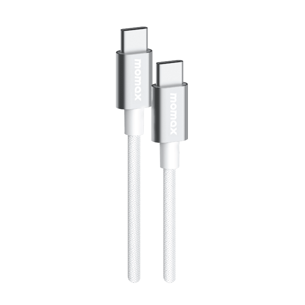 White charging cable with metal connectors on a green background