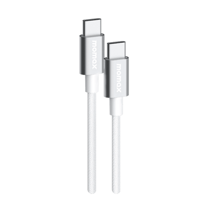 White charging cable with metal connectors on a green background