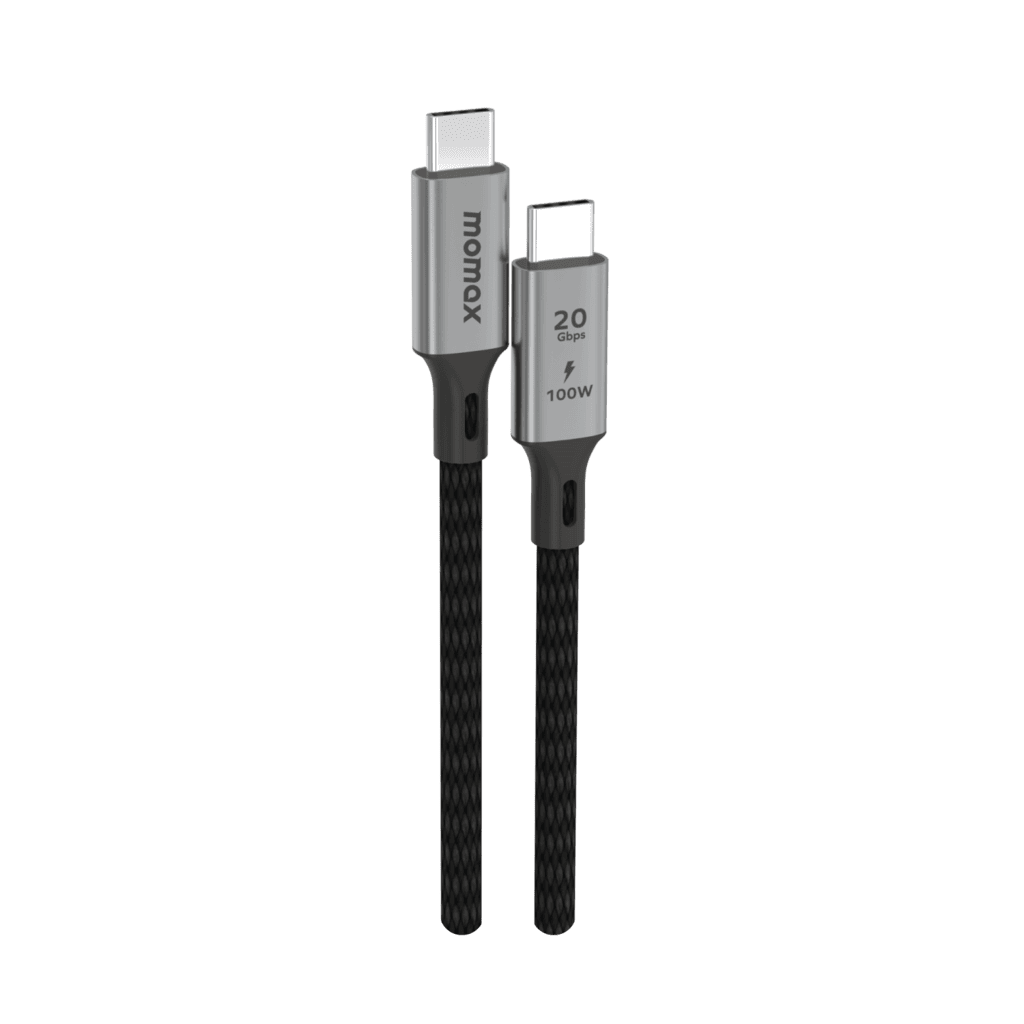 Two USB Type-C cables with 'momax' branding on a transparent background