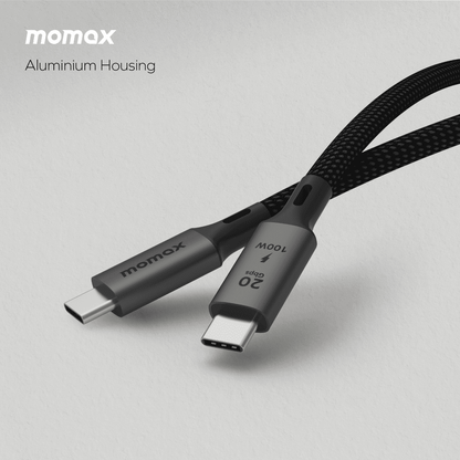 Momax USB cable with aluminum housing on a light gray background