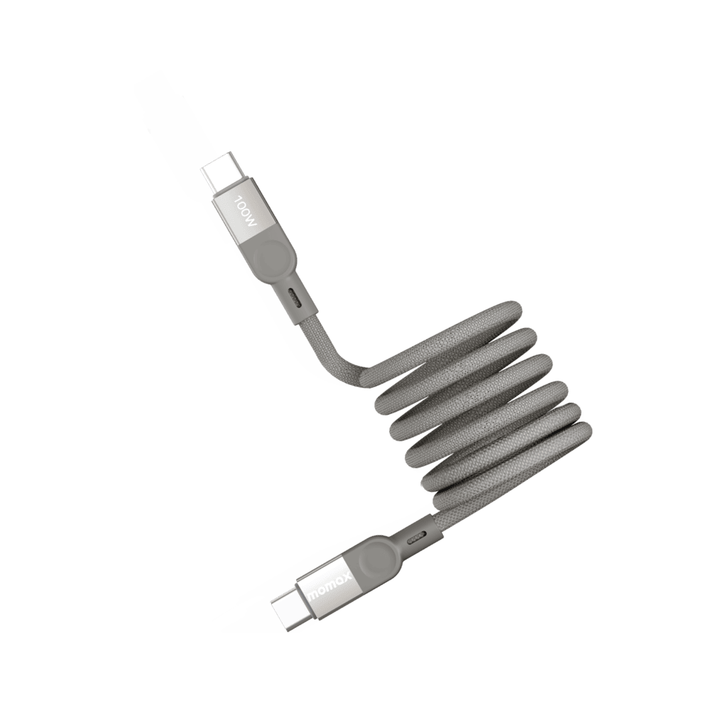 Coiled USB cable with connectors on a transparent background