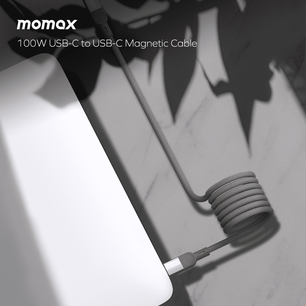 Momax 100W USB-C to USB-C Magnetic Cable on a white surface with a black background