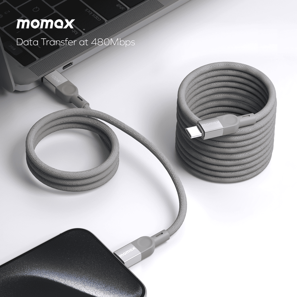 Gray USB cable with connectors on a white surface, featuring the Momax brand.