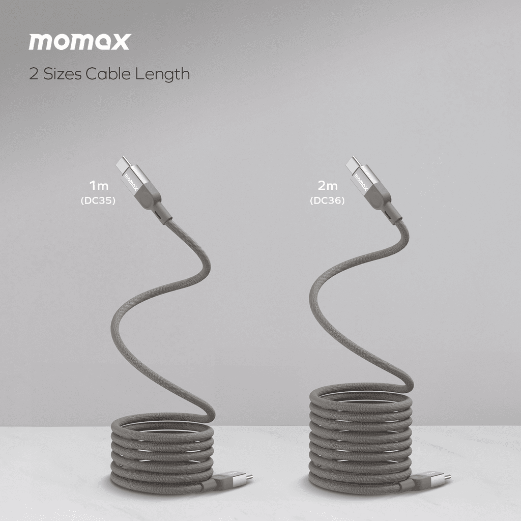 Two gray cables, one 1m and one 2m, with 'momax' branding on a light gray background.