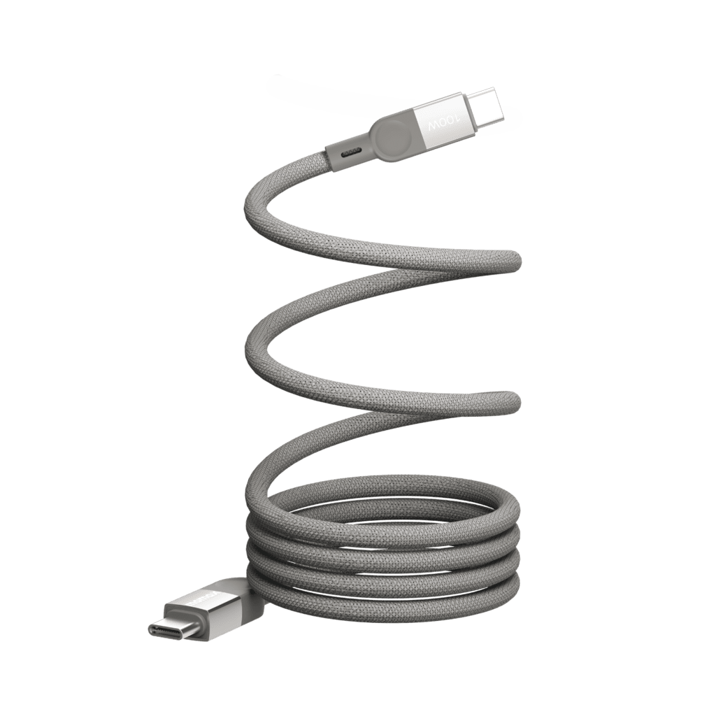 Coiled gray USB cable with connectors on a transparent background