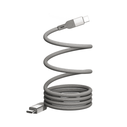 Coiled gray USB cable with connectors on a transparent background