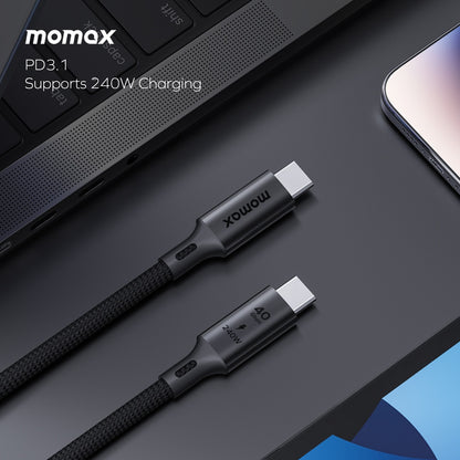 A black USB-C to USB-C cable with aluminum housing and a 40GBPS label, indicating its data transfer capability.