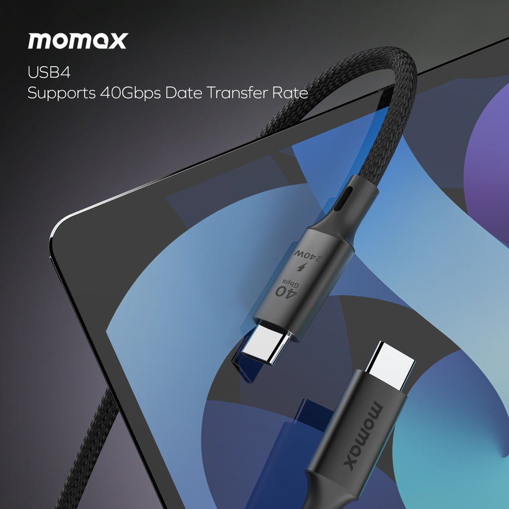 A black USB-C to USB-C cable with aluminum housing and a 40GBPS label, indicating its data transfer capability.

