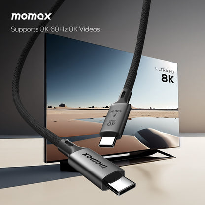 A black USB-C to USB-C cable with aluminum housing and a 40GBPS label, indicating its data transfer capability.

