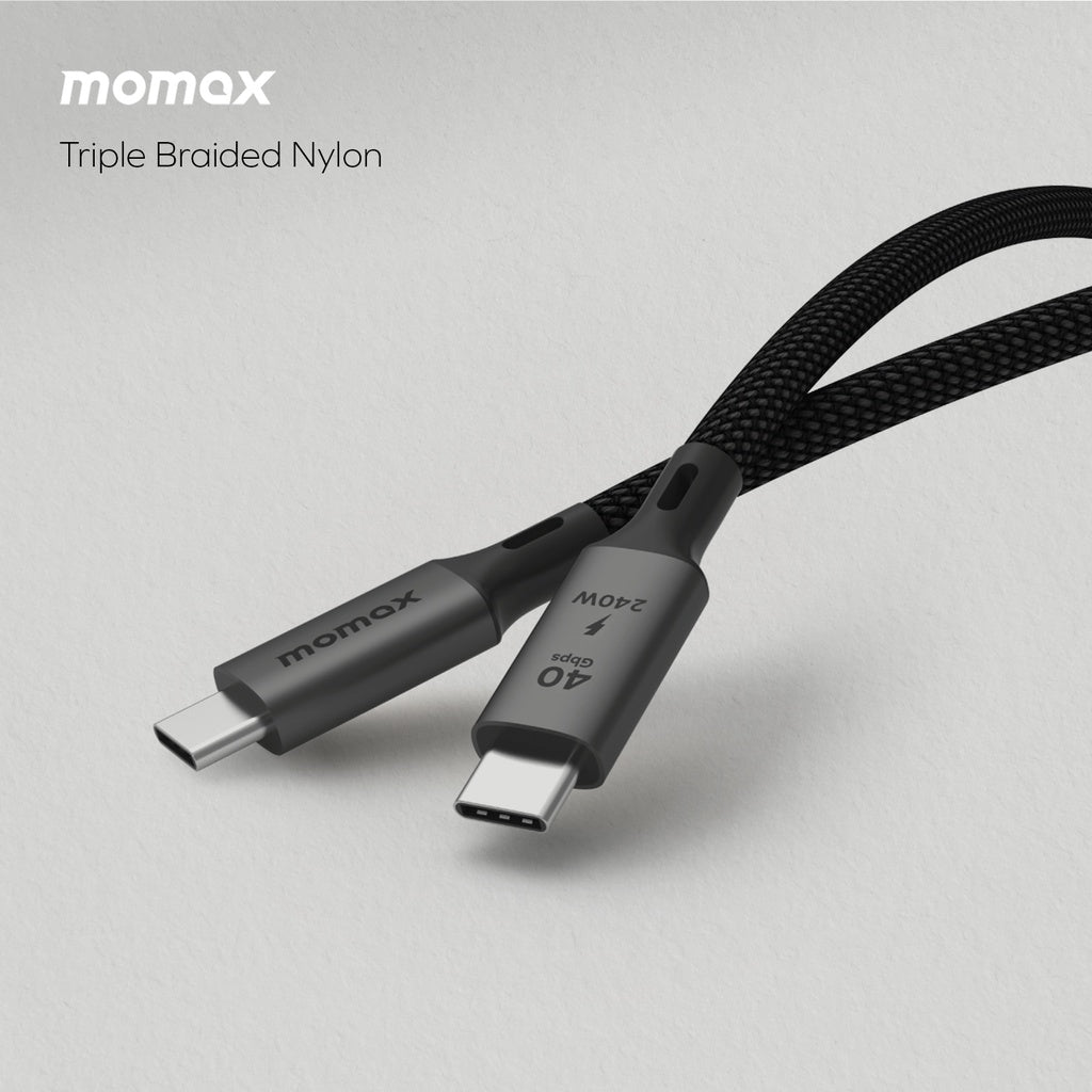 A black USB-C to USB-C cable with aluminum housing and a 40GBPS label, indicating its data transfer capability.

