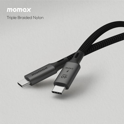 A black USB-C to USB-C cable with aluminum housing and a 40GBPS label, indicating its data transfer capability.

