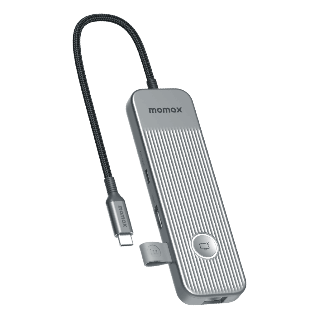 Momax USB-C hub with cable on a transparent background