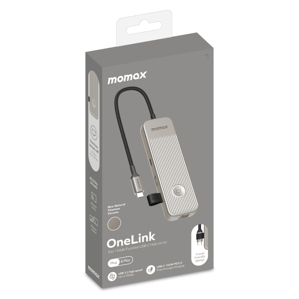 Momax OneLink product packaging on a gray background