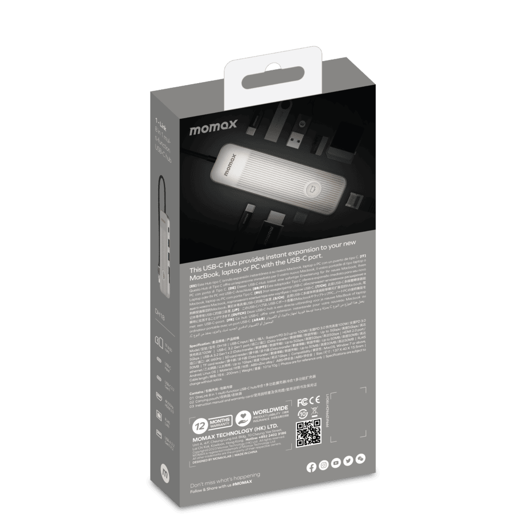 Momax USB-C hub packaging on a transparent background